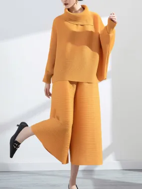 Miyake Pleated Long Sleeve Top and  Wide Leg Pants Set