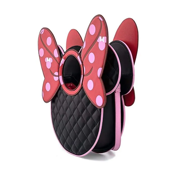 13" Disney : Minnie Mouse - Quilted Pink Polka Dot Bow Head Faux Leather Crossbody Bag Loungefly