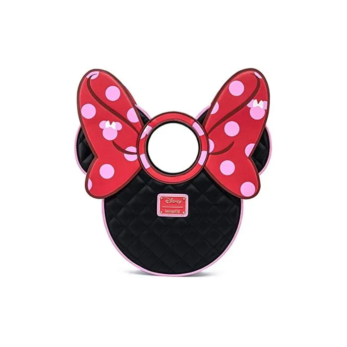 13" Disney : Minnie Mouse - Quilted Pink Polka Dot Bow Head Faux Leather Crossbody Bag Loungefly