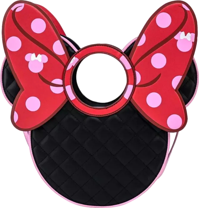 13" Disney : Minnie Mouse - Quilted Pink Polka Dot Bow Head Faux Leather Crossbody Bag Loungefly