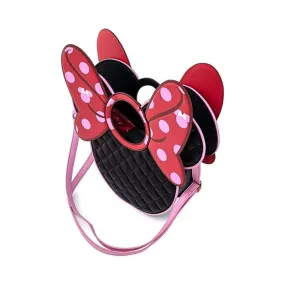 13" Disney : Minnie Mouse - Quilted Pink Polka Dot Bow Head Faux Leather Crossbody Bag Loungefly