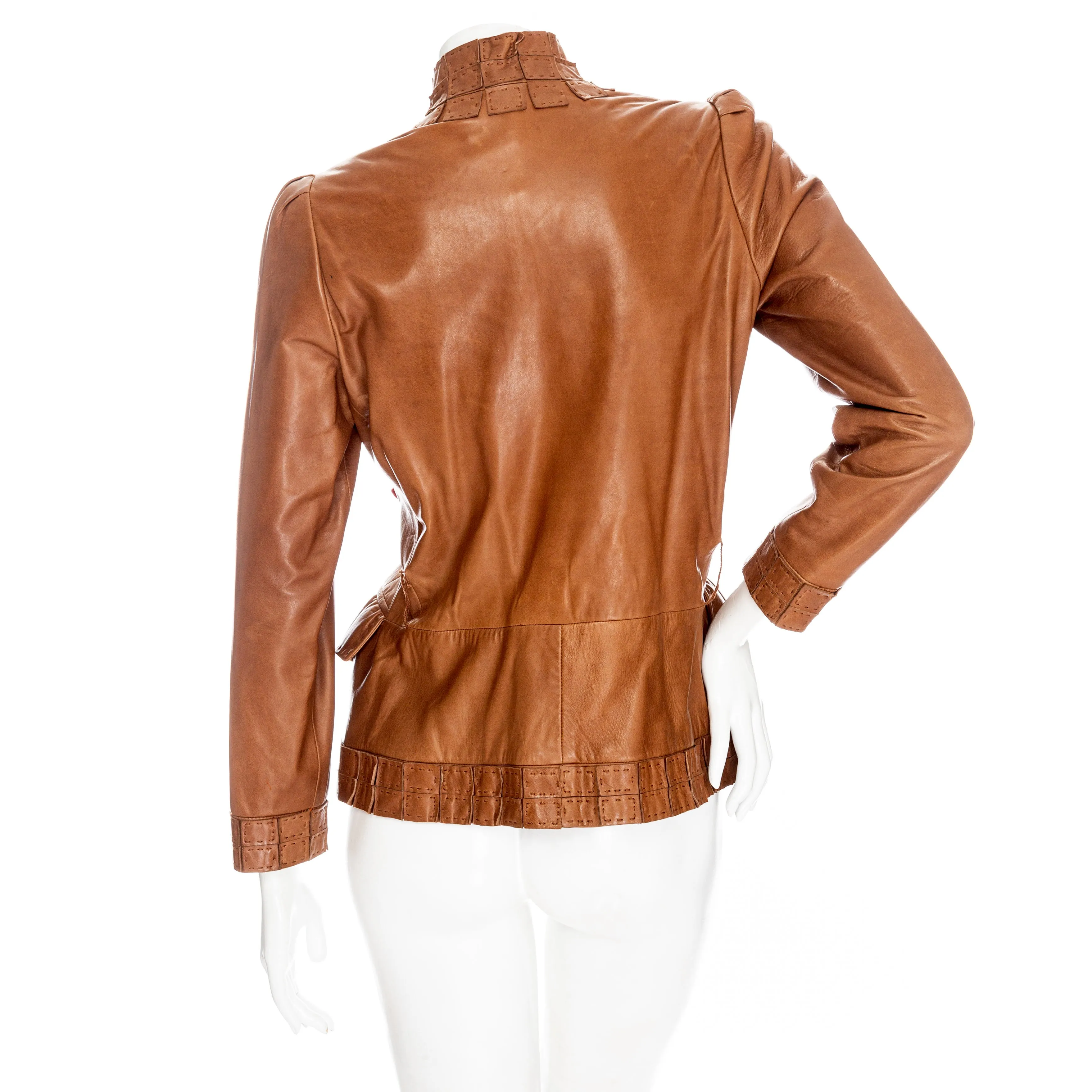 2000s Brown Leather Belted Stand Collar Jacket