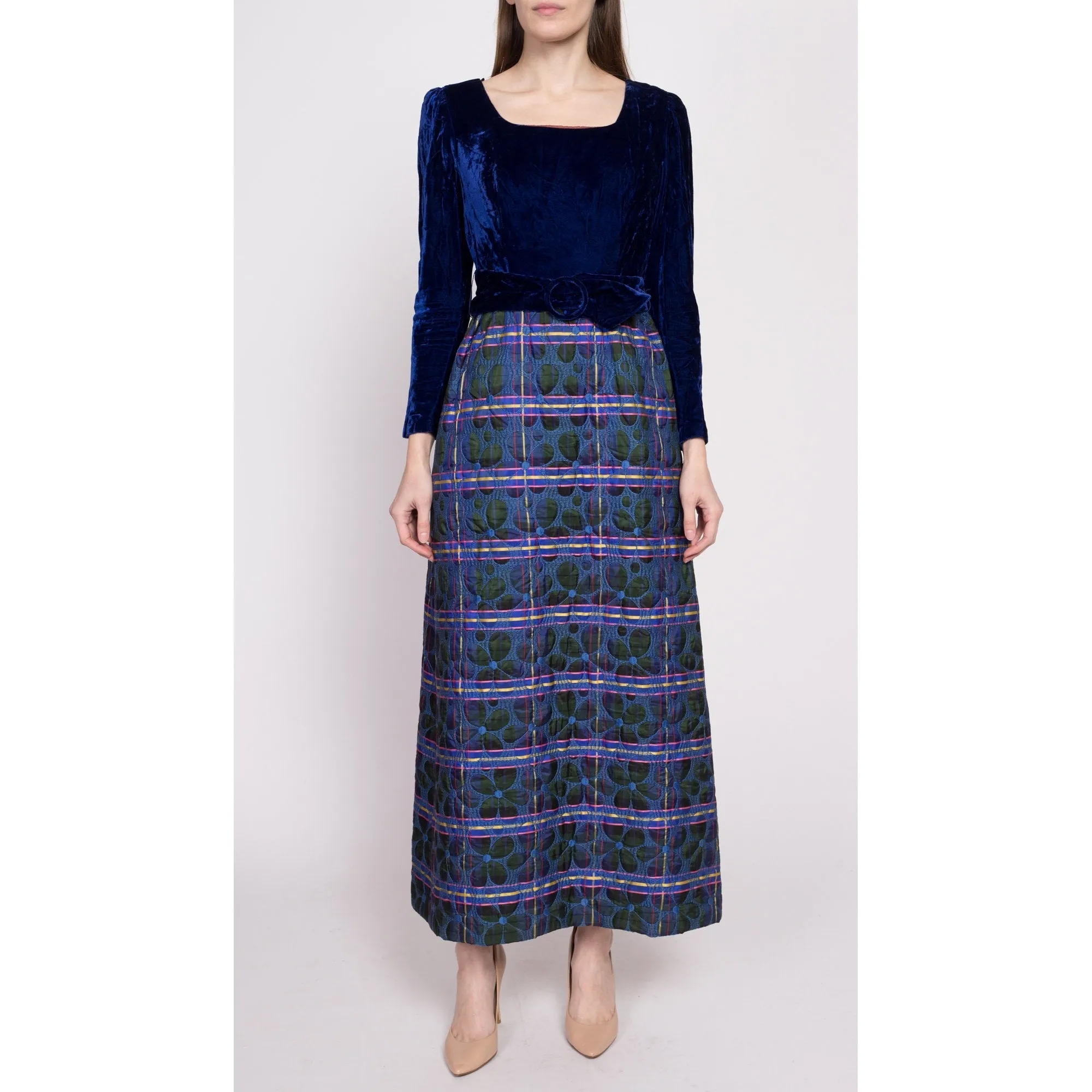 60s Blue Velvet & Quilted Skirt Maxi Dress - Small