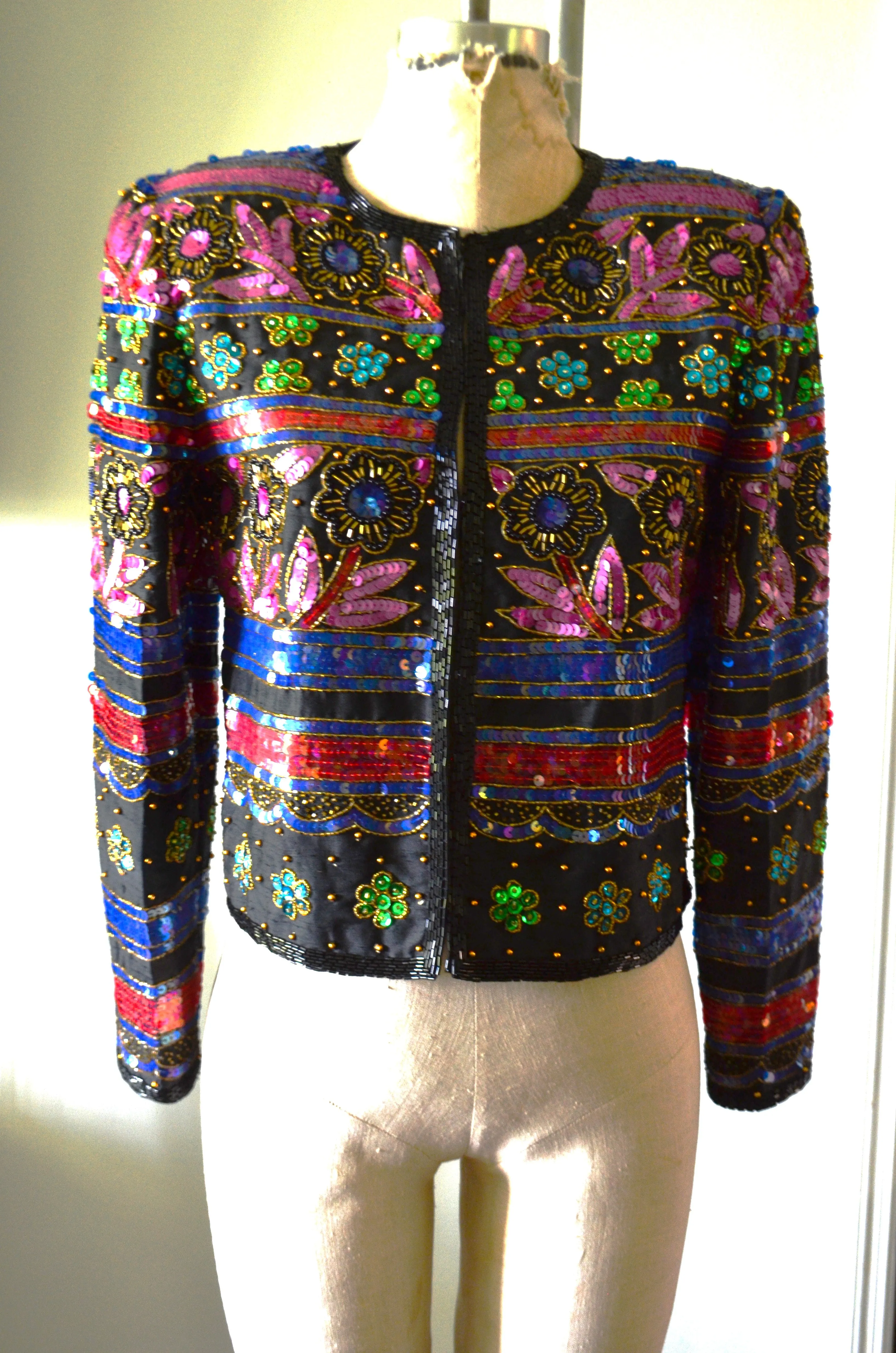 Adrianna Papell Sequined Beaded Cropped Bolero Jacket Multicolor Floral Cocktail Wedding Nye