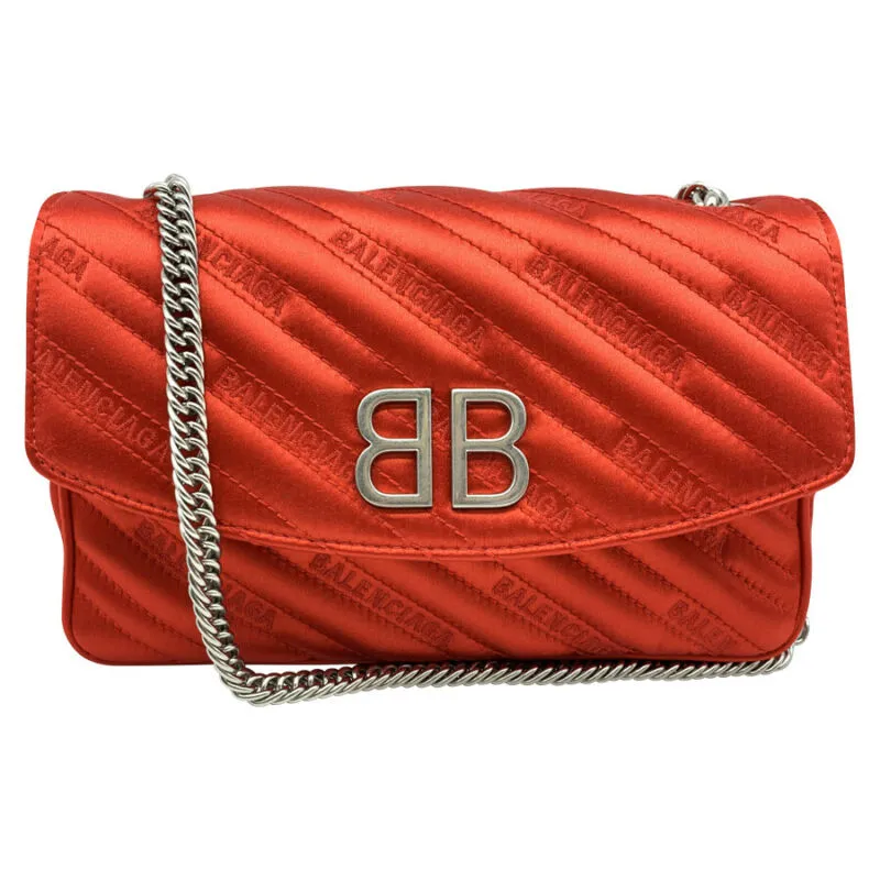 Balenciaga Round Quilted Jacquard Bb Wallet On A Chain Red Satin Cross Body Bag