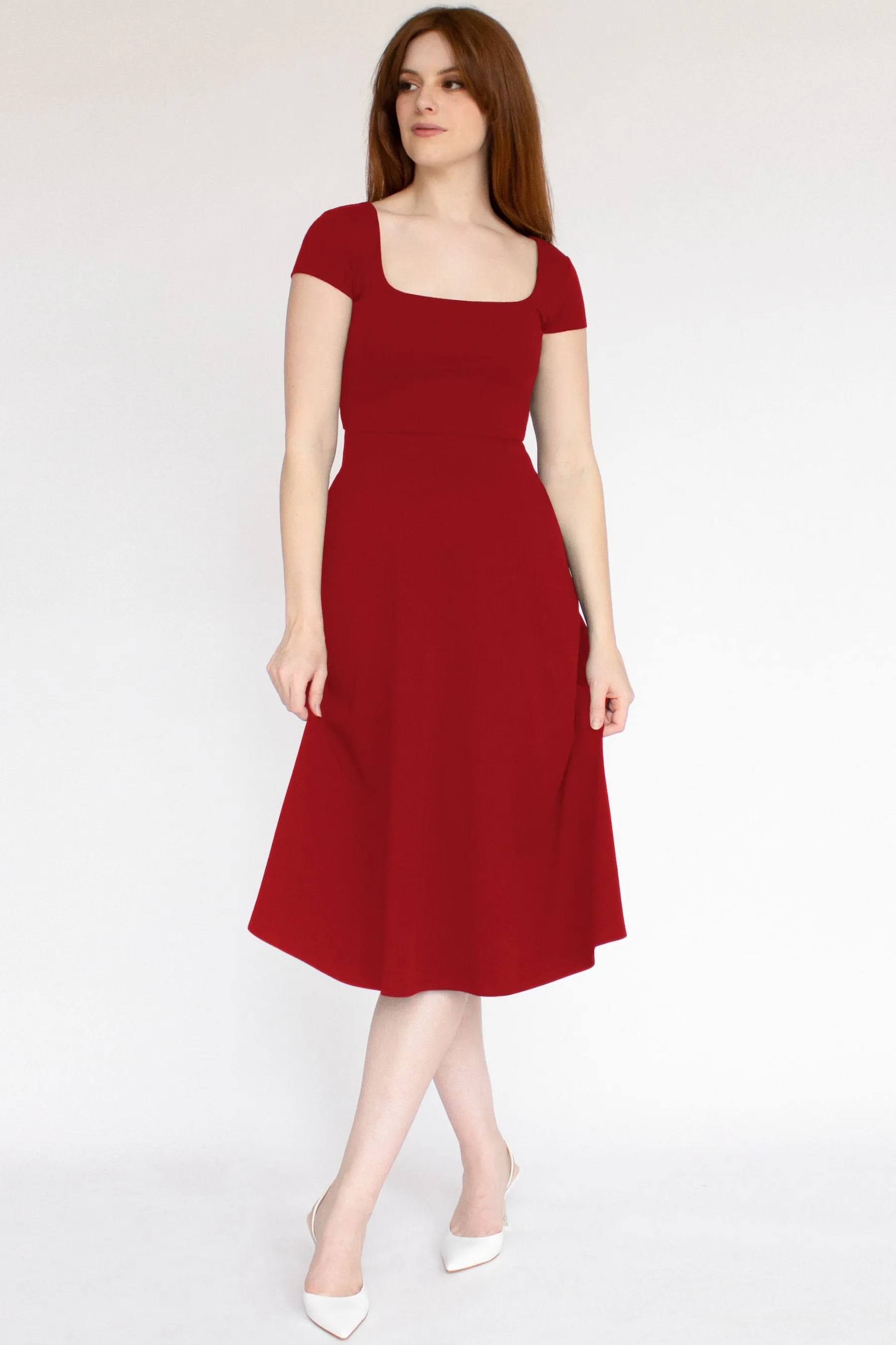 BCI Cotton Square Neck A-Line Mid-Calf Dress -- Red