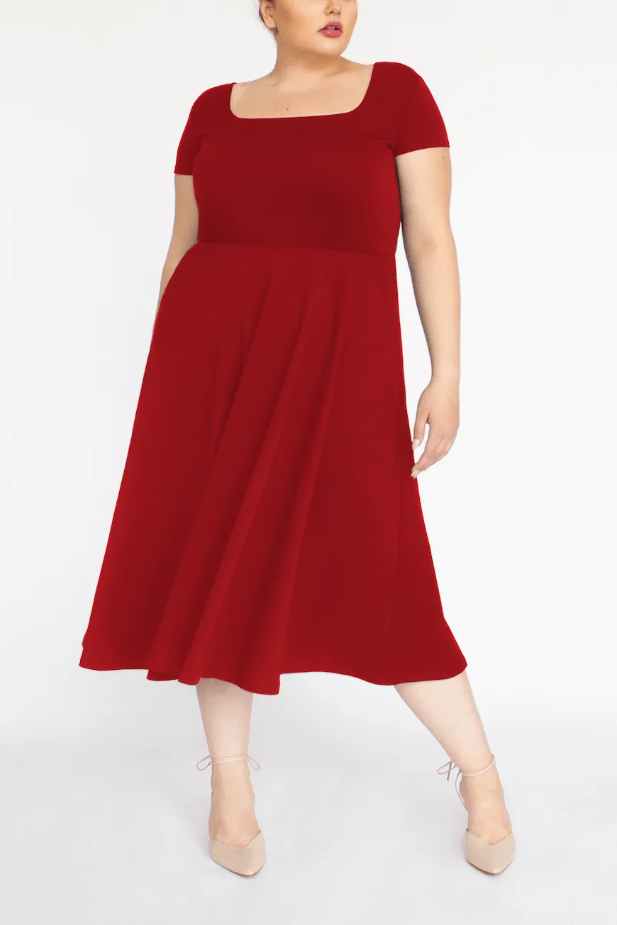 BCI Cotton Square Neck A-Line Mid-Calf Dress -- Red