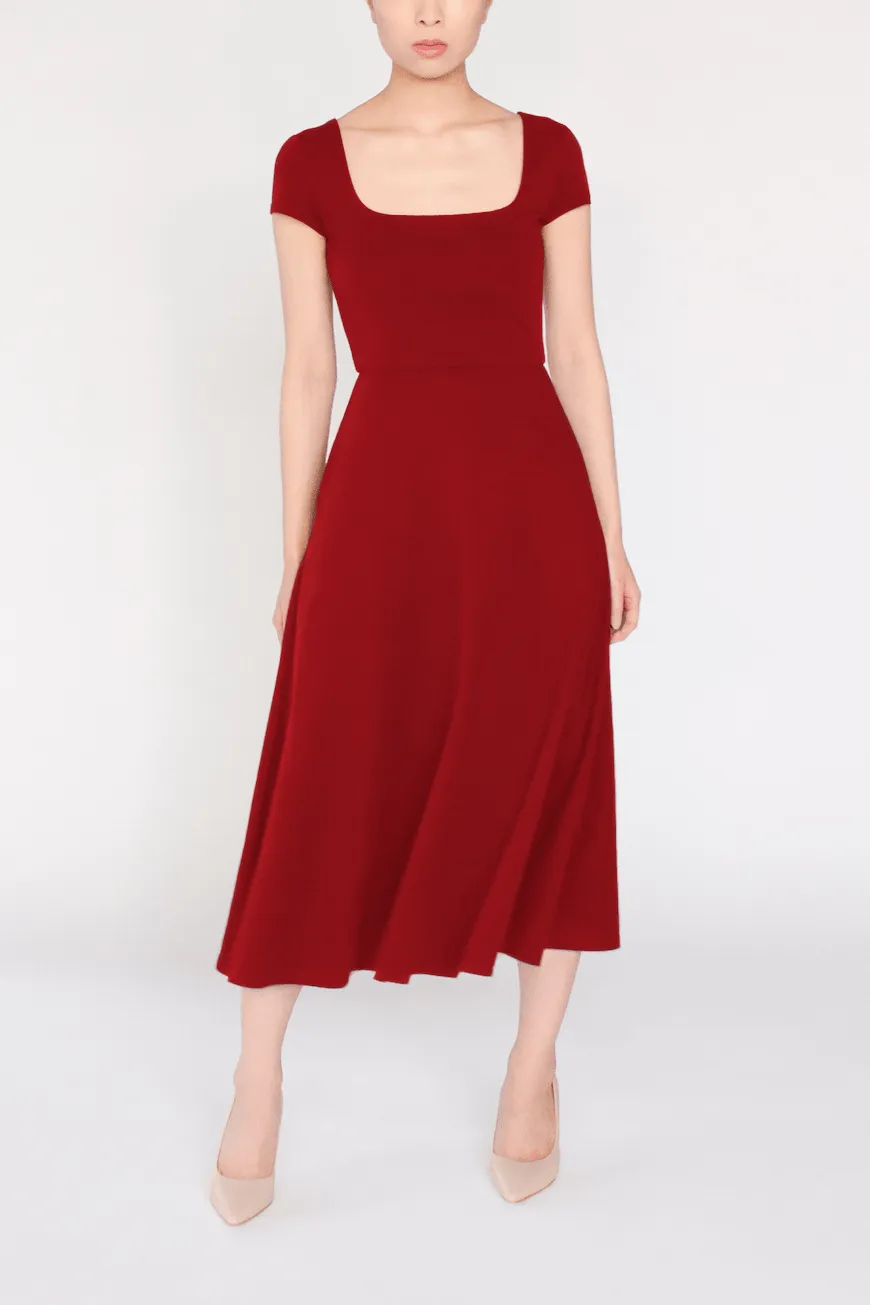 BCI Cotton Square Neck A-Line Mid-Calf Dress -- Red