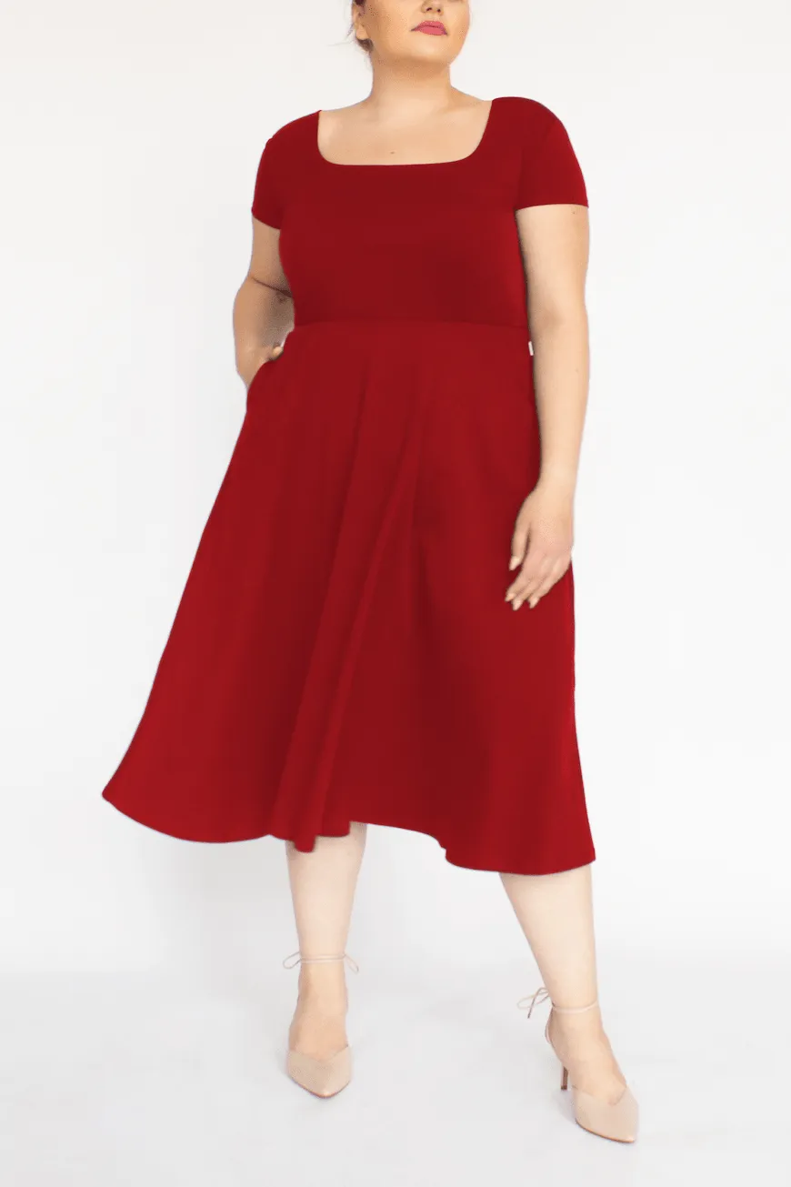 BCI Cotton Square Neck A-Line Mid-Calf Dress -- Red