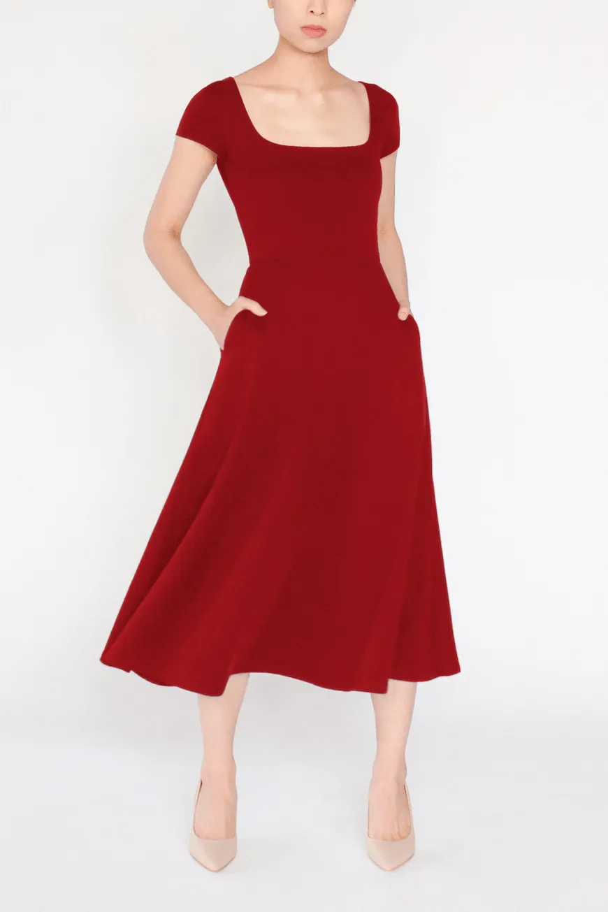 BCI Cotton Square Neck A-Line Mid-Calf Dress -- Red