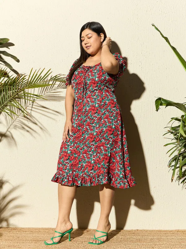 Berrylush Curve Women Red & Green Floral Printed Sweetheart Neck Front Tie-Up Flounce Hem A-Line Midi Dress