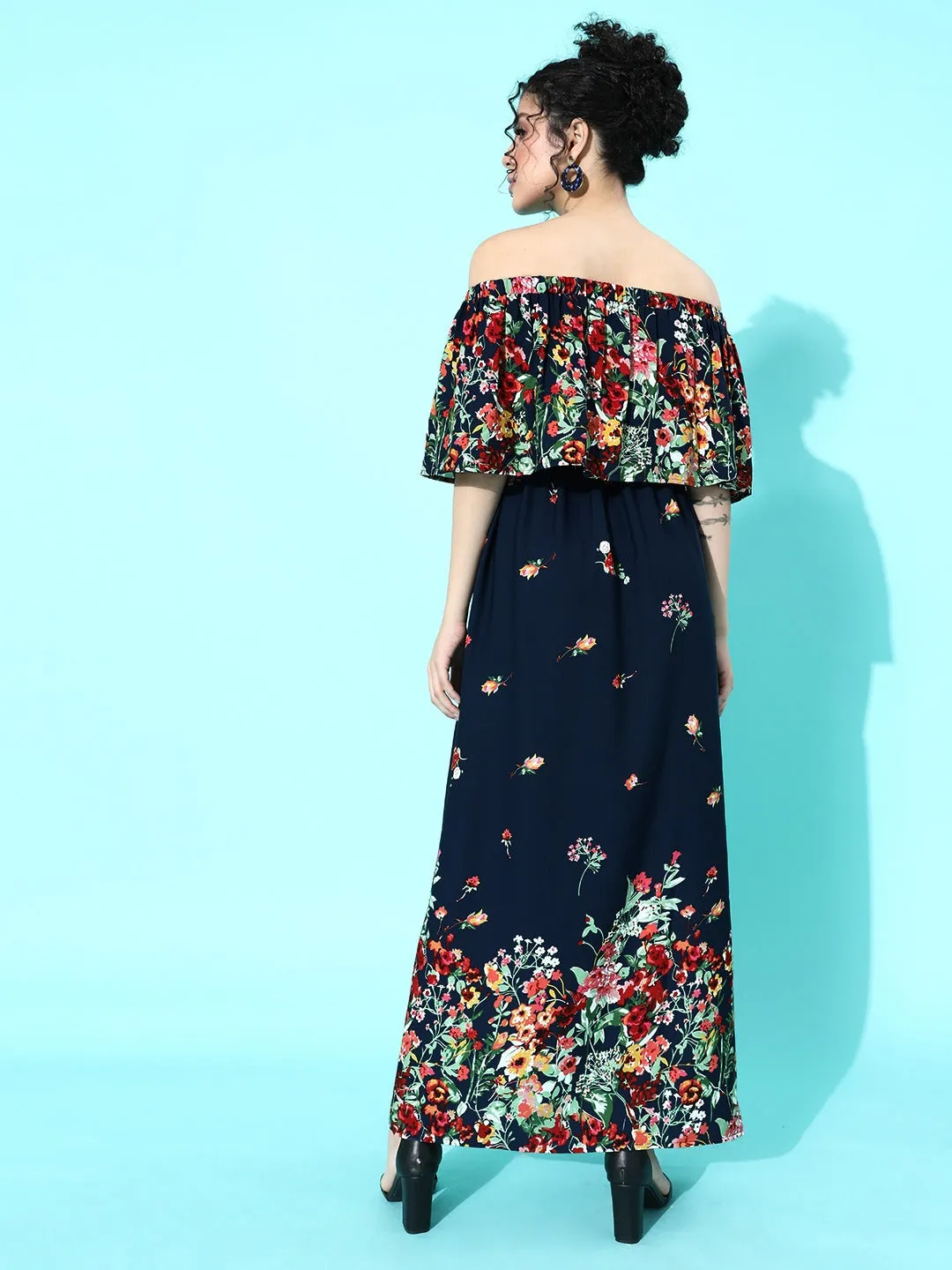 Berrylush Women Navy Blue Floral Printed Off-Shoulder Pleated Maxi Dress