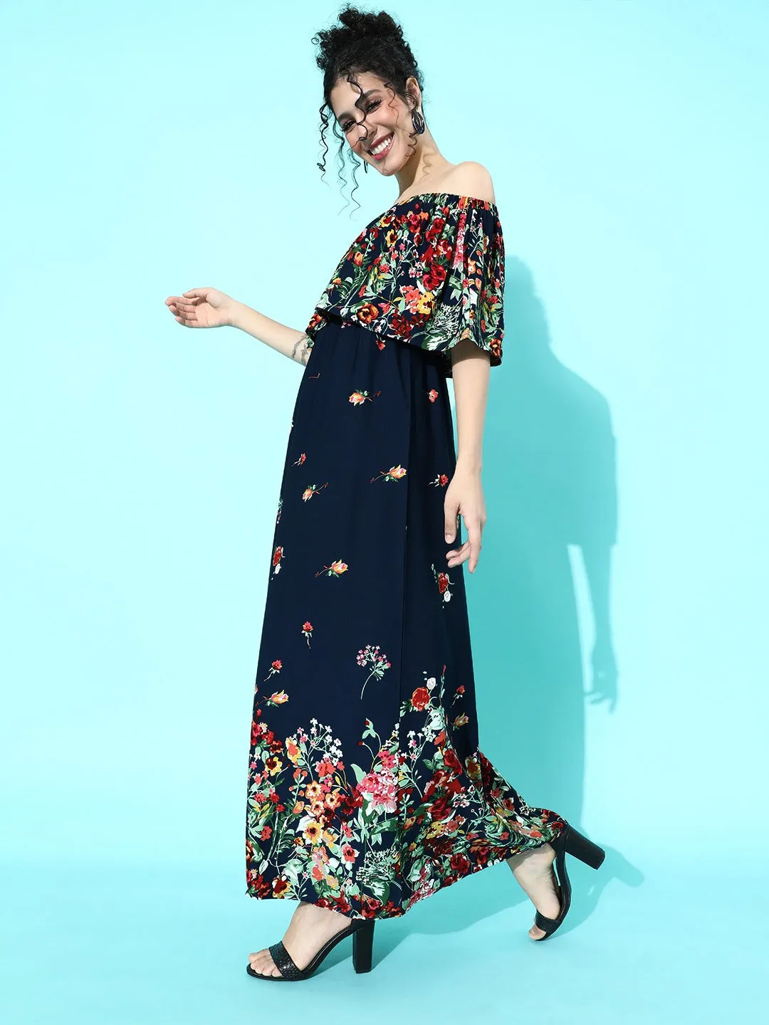 Berrylush Women Navy Blue Floral Printed Off-Shoulder Pleated Maxi Dress