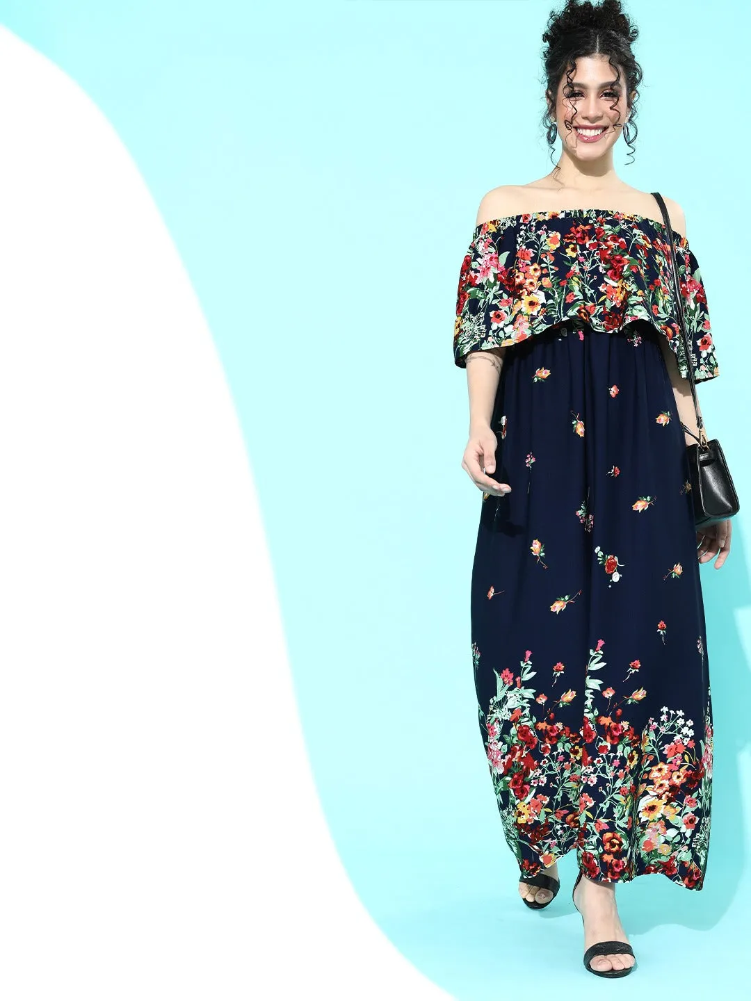 Berrylush Women Navy Blue Floral Printed Off-Shoulder Pleated Maxi Dress