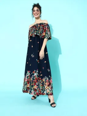 Berrylush Women Navy Blue Floral Printed Off-Shoulder Pleated Maxi Dress