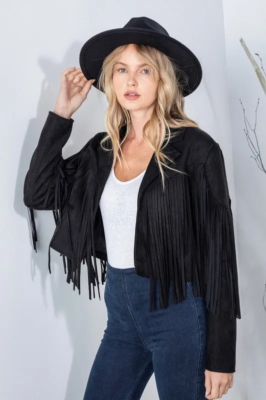 Black Faux Leather Suede Fringe Cropped Western Boho Moto Jacket Women's