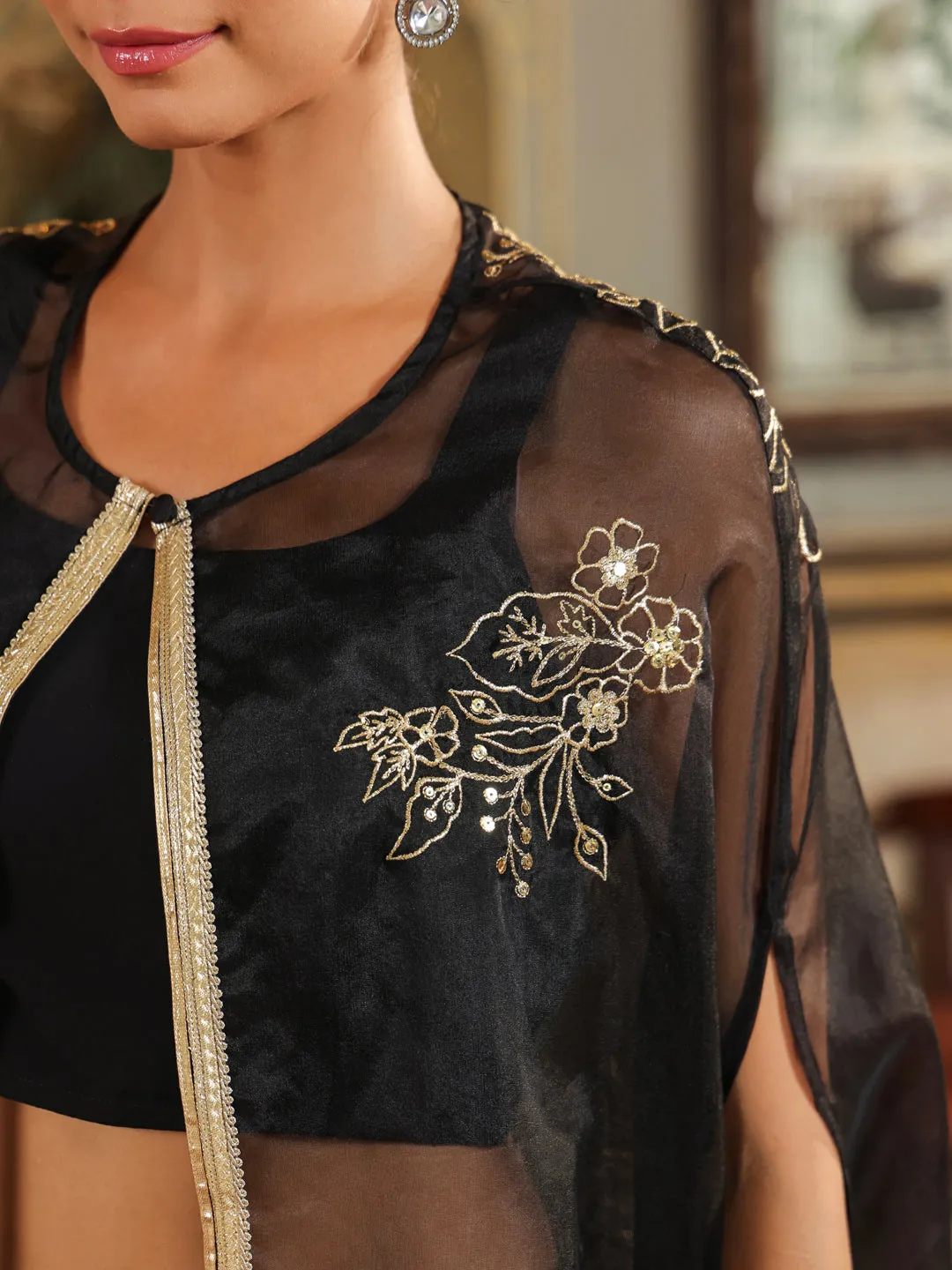 Black Georgette Zari Embroidered Crop Top With Pant & Cape Set