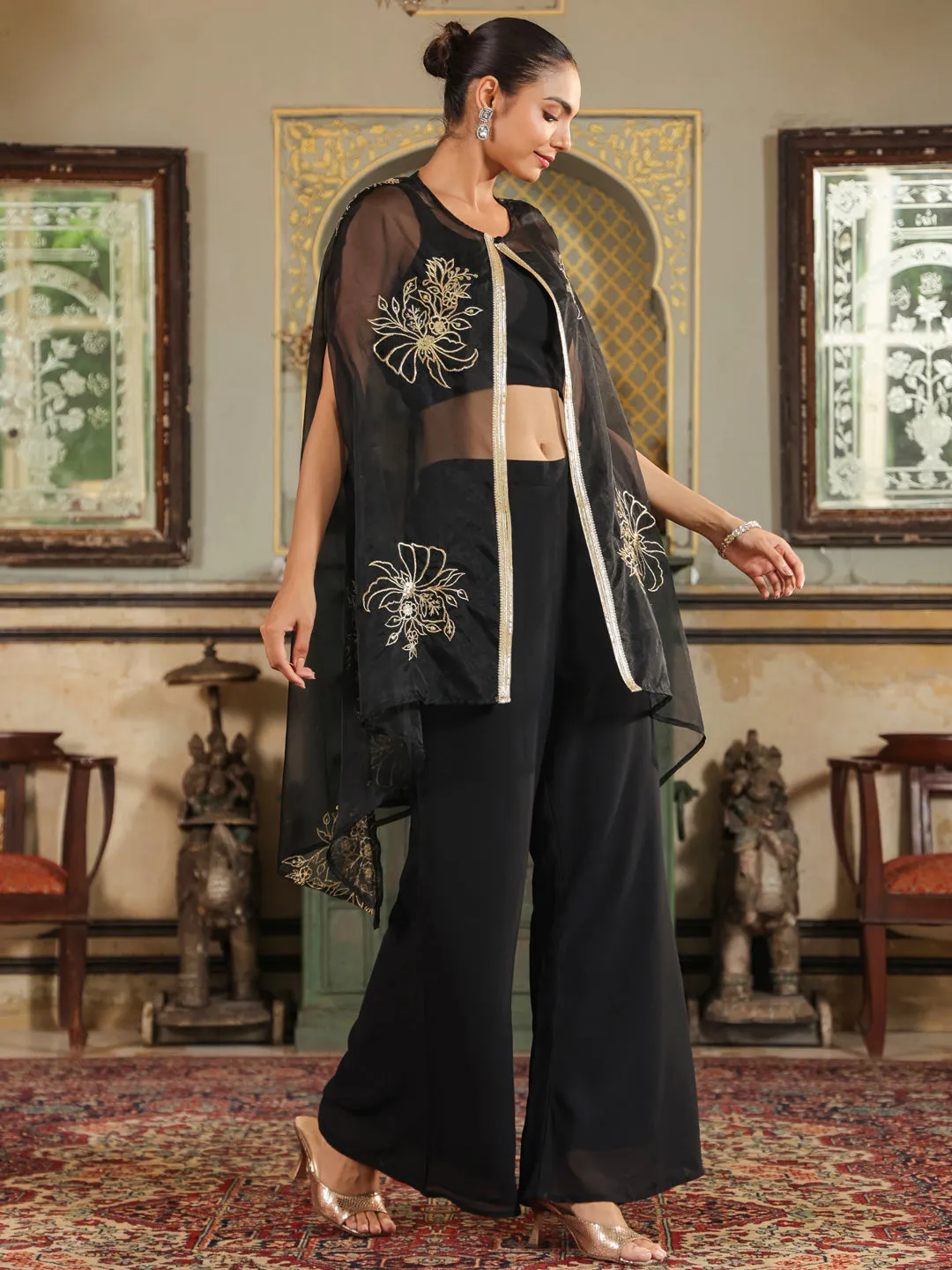 Black Georgette Zari Embroidered Crop Top With Pant & Cape Set