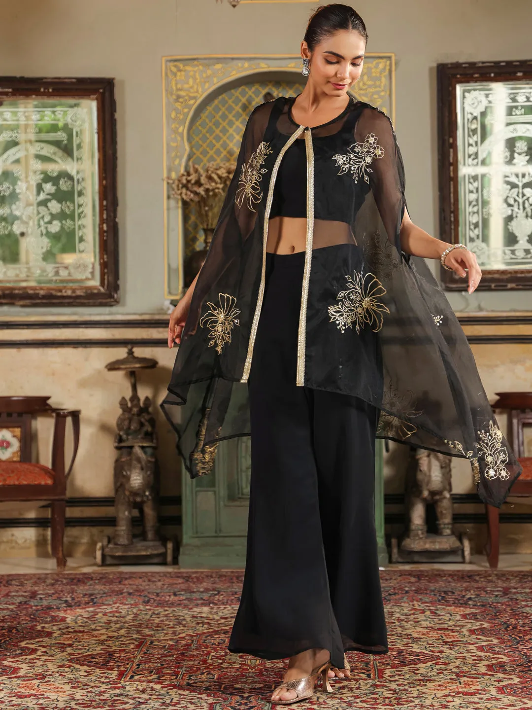 Black Georgette Zari Embroidered Crop Top With Pant & Cape Set