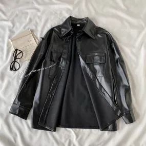 Black Grunge Aesthetic Pu Leather Loose Shirt Jacket