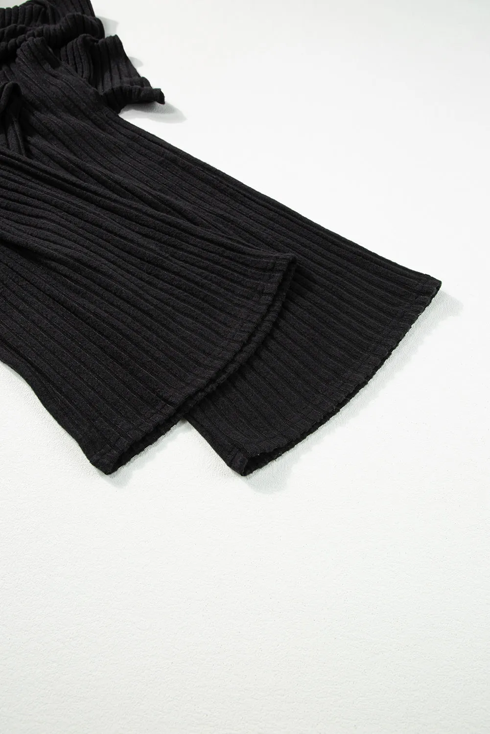 Black Solid Color Ribbed Short Sleeve Wide Leg Jumpsuit