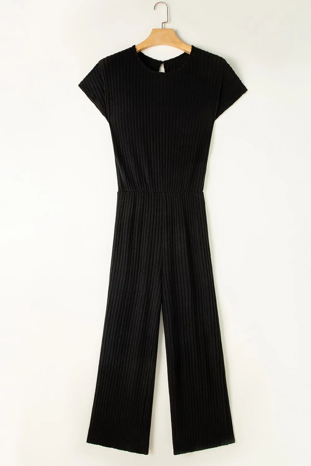 Black Solid Color Ribbed Short Sleeve Wide Leg Jumpsuit