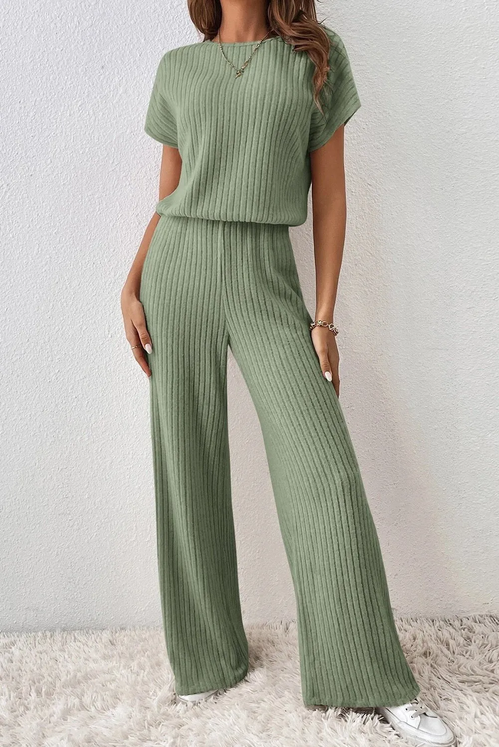 Black Solid Color Ribbed Short Sleeve Wide Leg Jumpsuit