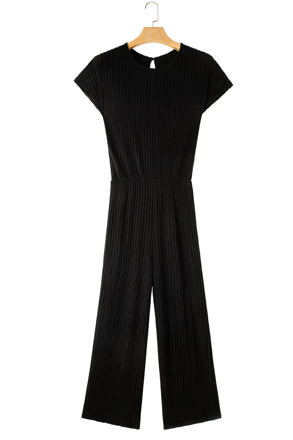 Black Solid Color Ribbed Short Sleeve Wide Leg Jumpsuit