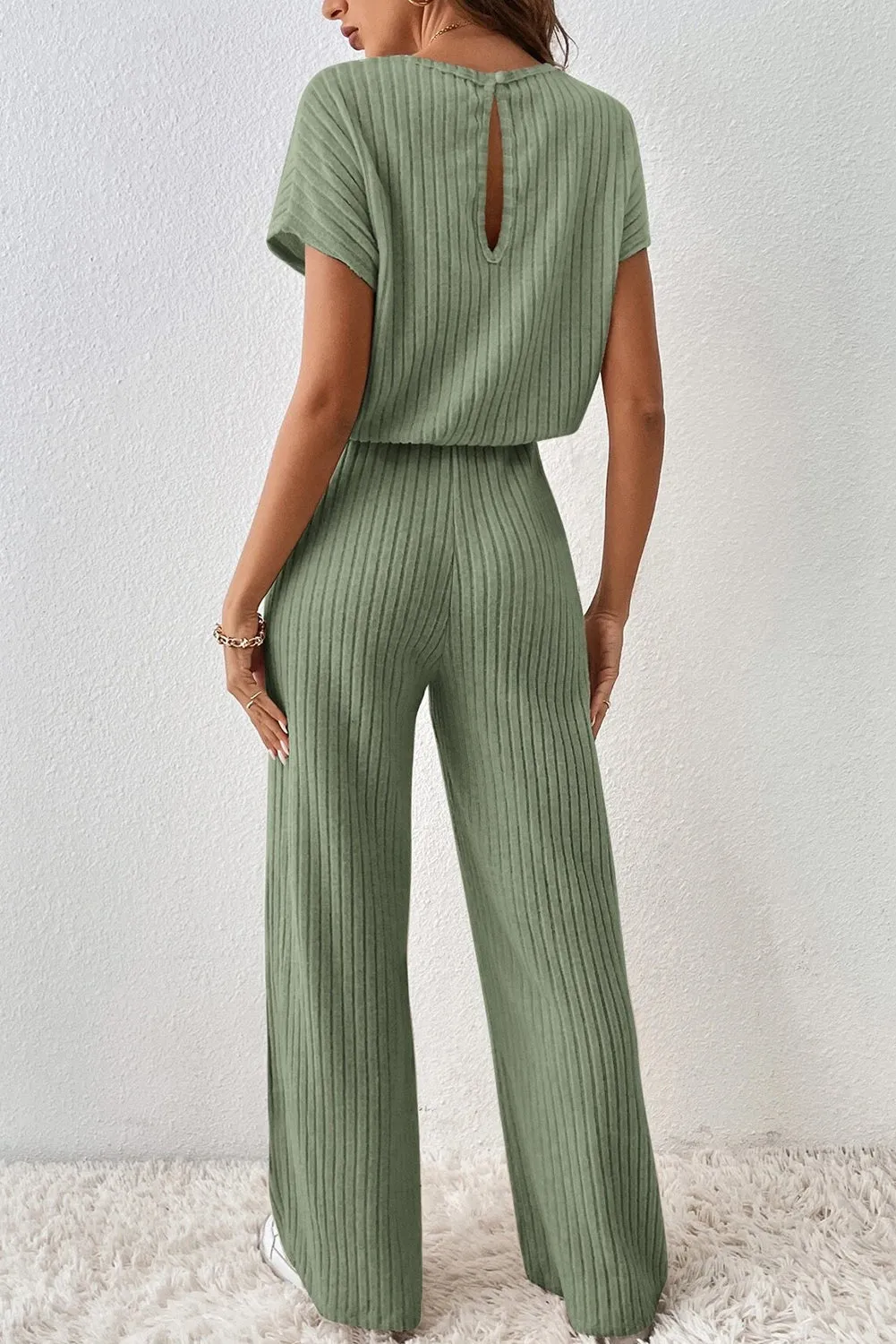 Black Solid Color Ribbed Short Sleeve Wide Leg Jumpsuit