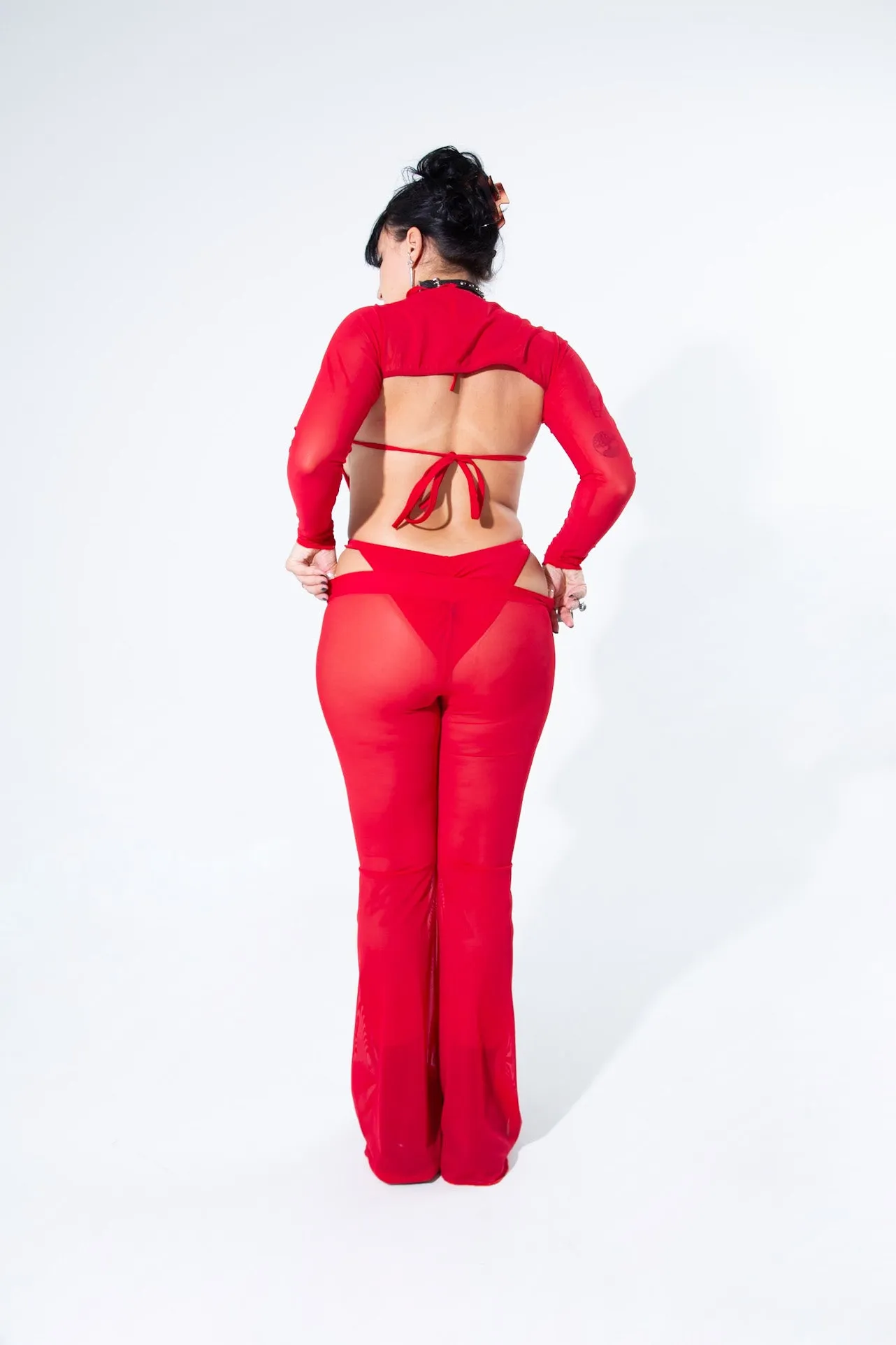 Blood Red Mesh Bell Bottom Pants