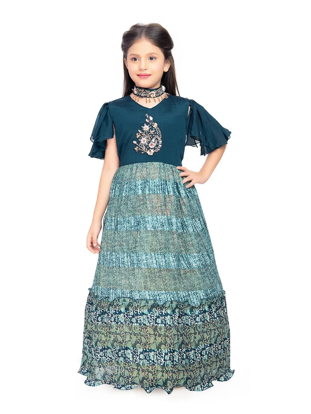 Blue Coloured Ethnic Motifs Printed Ethnic Gown with Separate Necklace Trendy Style For Girls