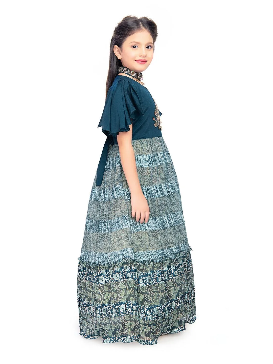 Blue Coloured Ethnic Motifs Printed Ethnic Gown with Separate Necklace Trendy Style For Girls