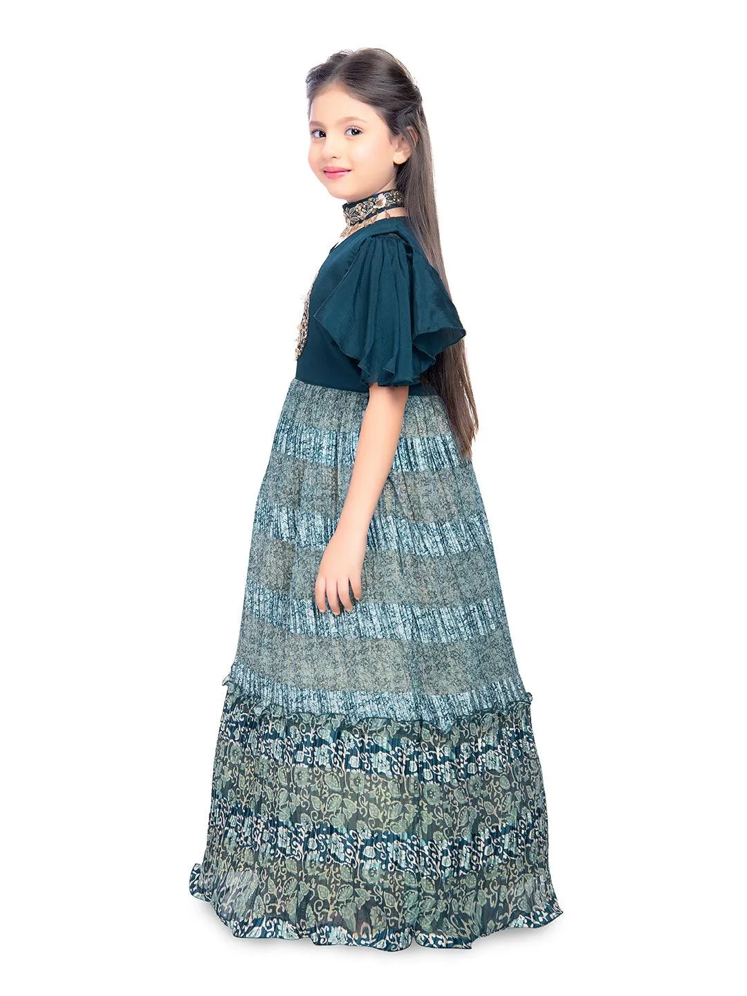 Blue Coloured Ethnic Motifs Printed Ethnic Gown with Separate Necklace Trendy Style For Girls