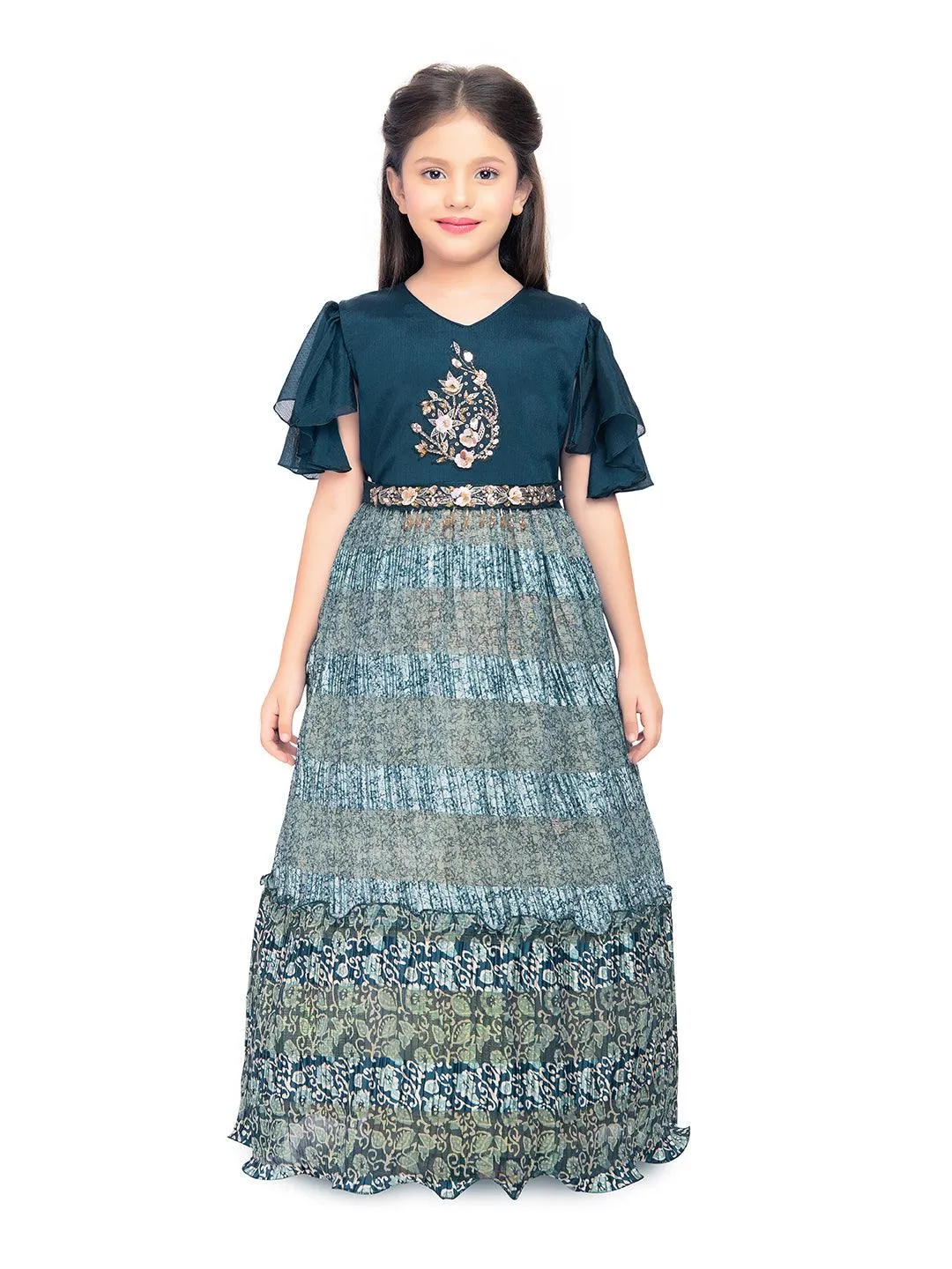 Blue Coloured Ethnic Motifs Printed Ethnic Gown with Separate Necklace Trendy Style For Girls