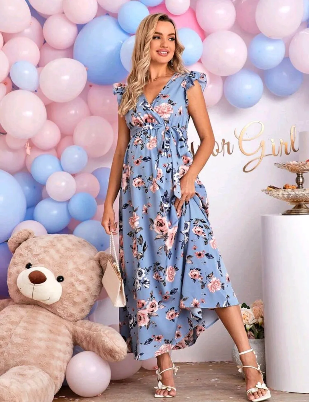 Blue Floral Print Belted Maxi Dress