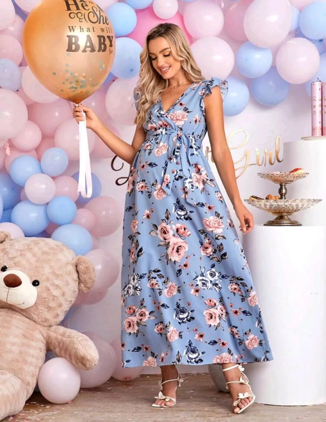 Blue Floral Print Belted Maxi Dress