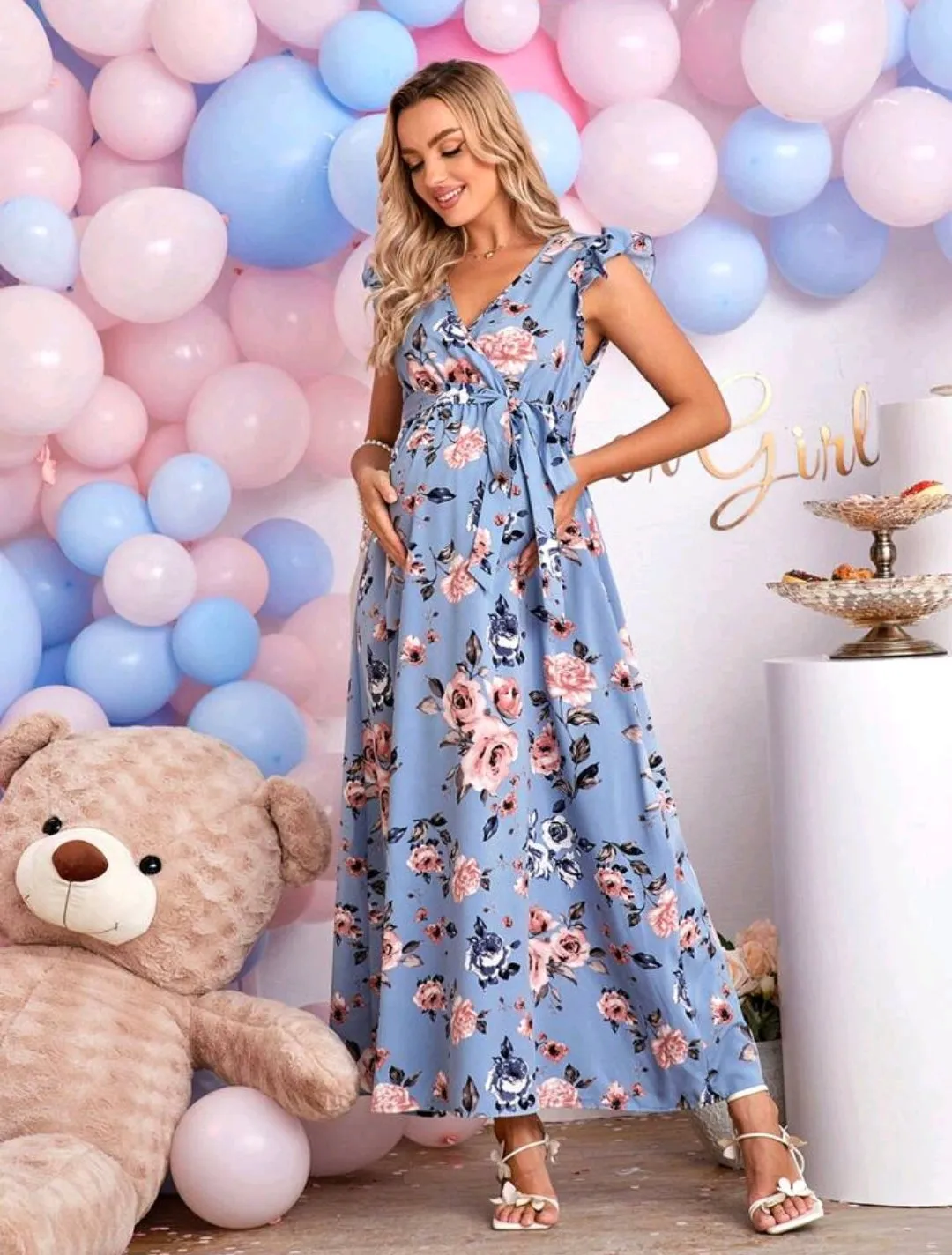 Blue Floral Print Belted Maxi Dress