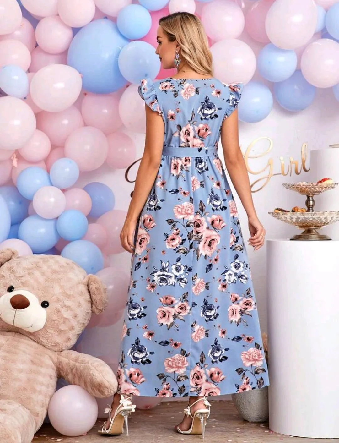 Blue Floral Print Belted Maxi Dress