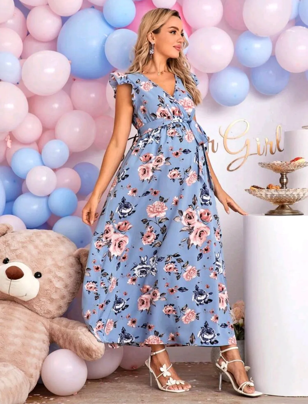 Blue Floral Print Belted Maxi Dress