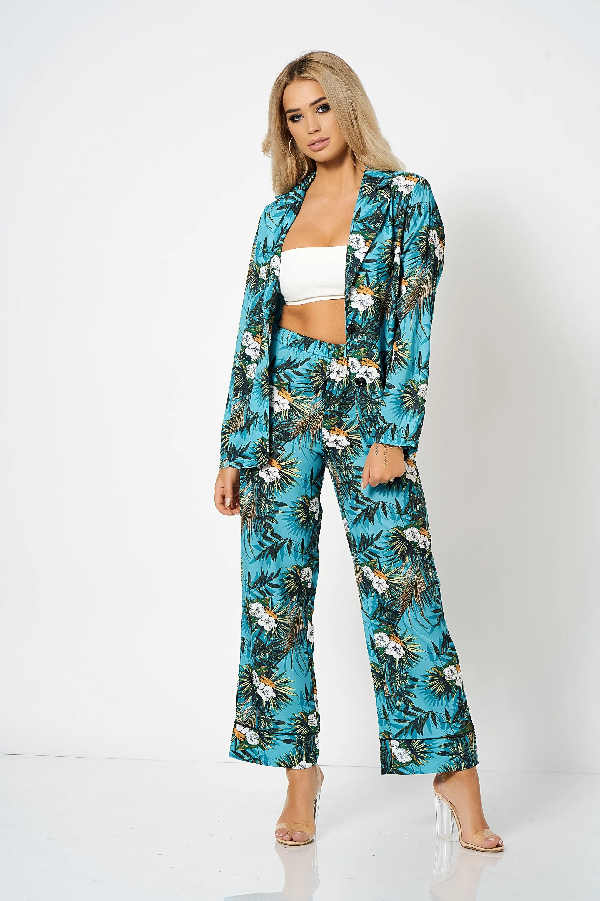 Blue Tropical Printed Co-Ord Trousers