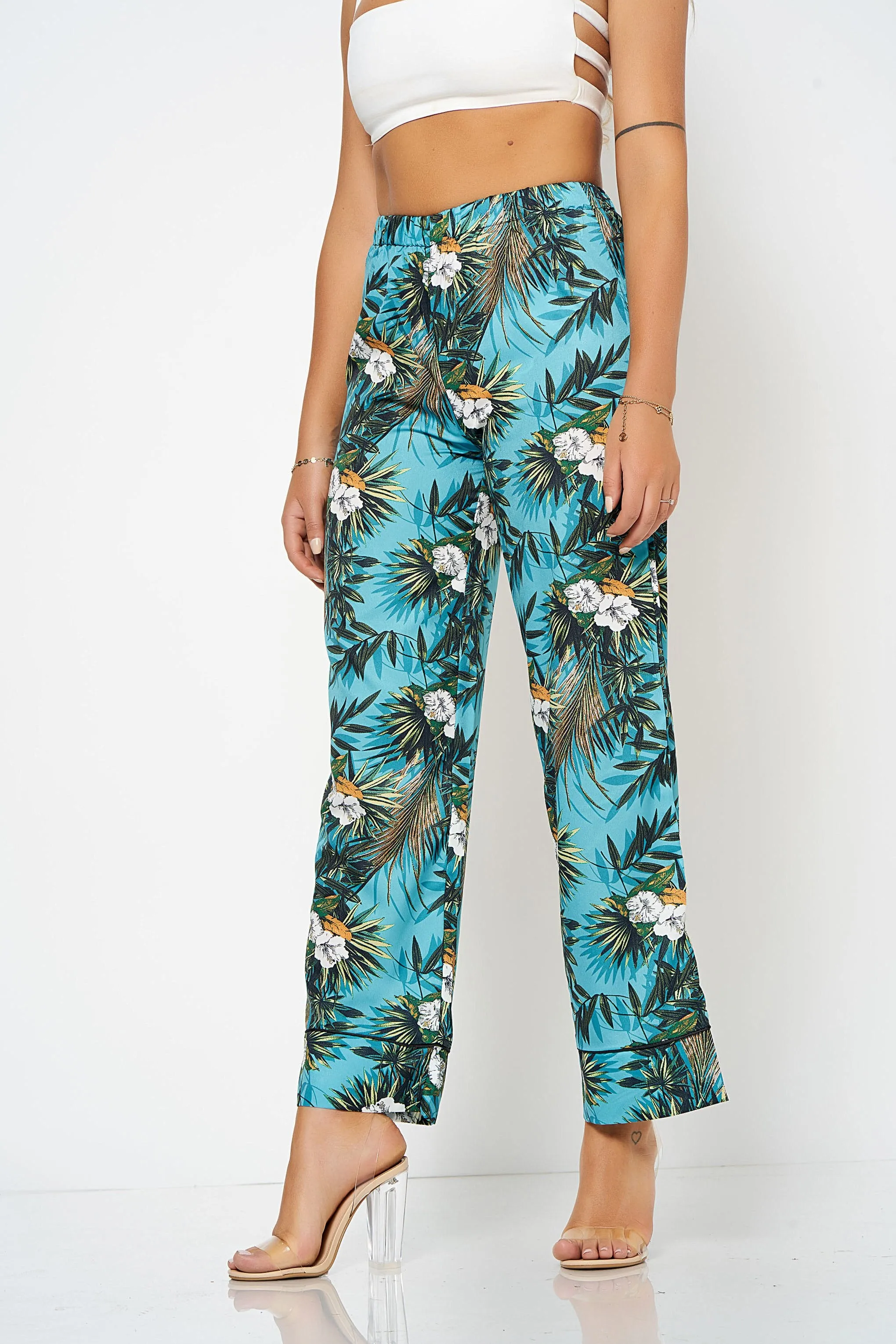 Blue Tropical Printed Co-Ord Trousers