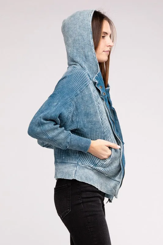 Bohemian Acid Wash Cotton Waffle Hooded Zip-Up Jacket