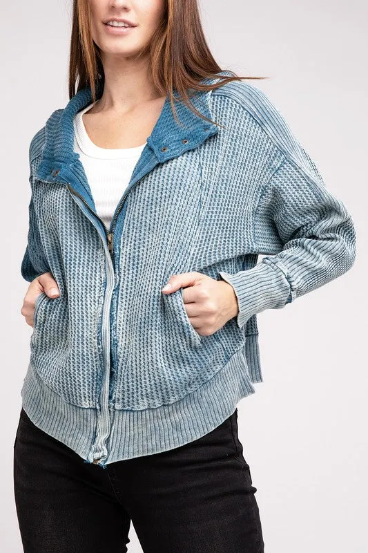 Bohemian Acid Wash Cotton Waffle Hooded Zip-Up Jacket