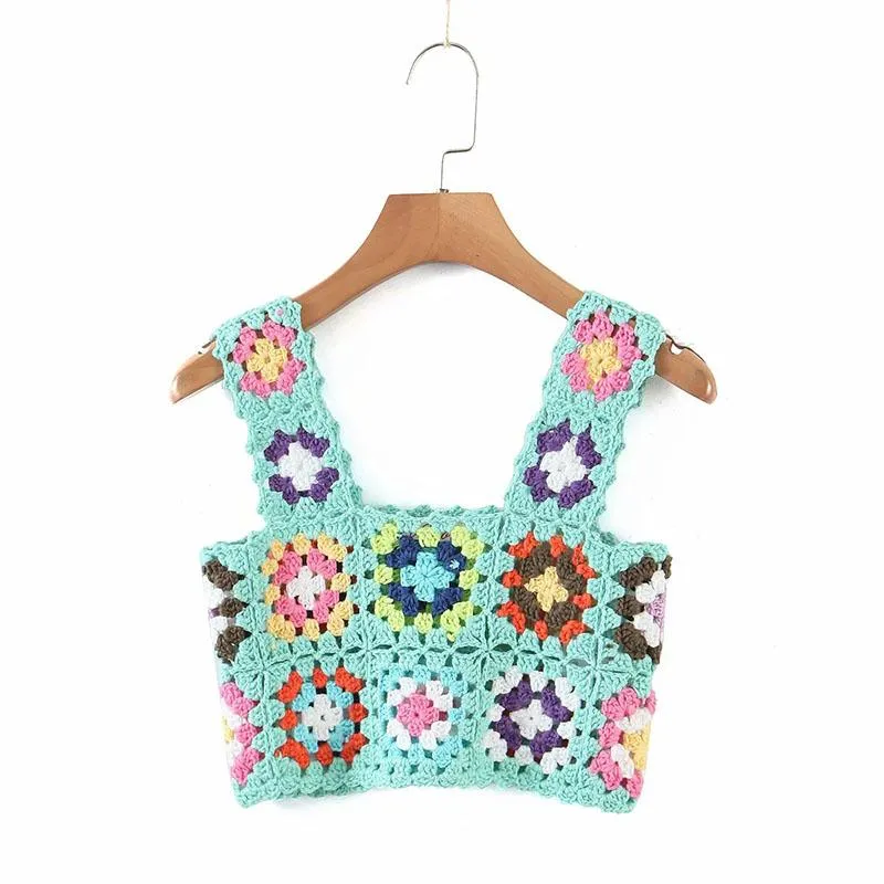 Bohemian Rainbow Crochet Flower Crop Top Rhombus Knitted Pattern Cami Tank