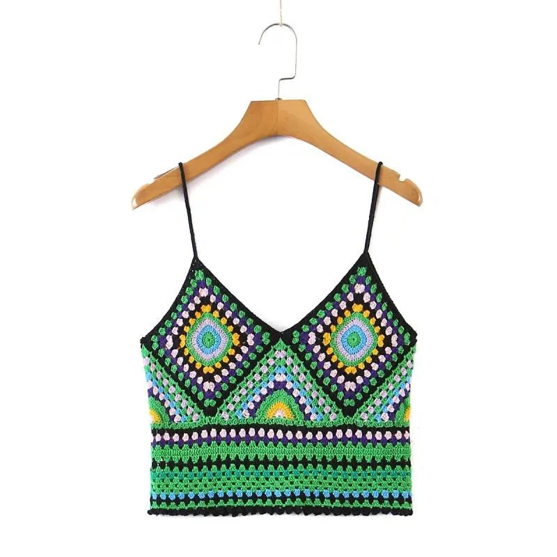 Bohemian Rainbow Crochet Flower Crop Top Rhombus Knitted Pattern Cami Tank