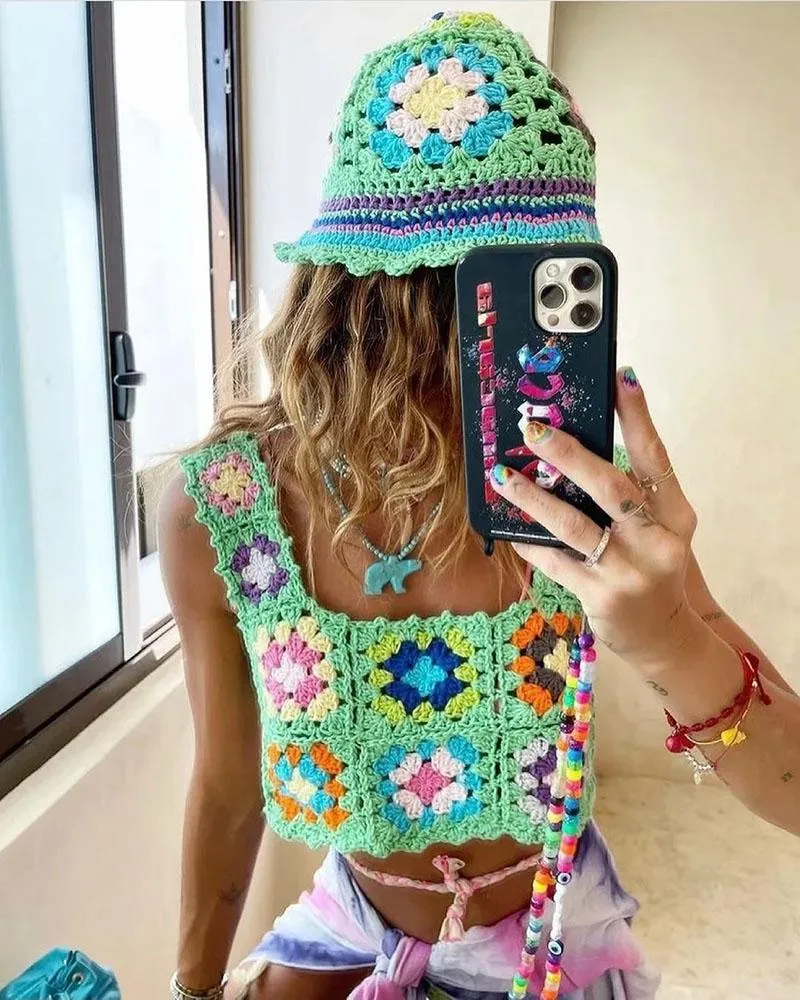 Bohemian Rainbow Crochet Flower Crop Top Rhombus Knitted Pattern Cami Tank