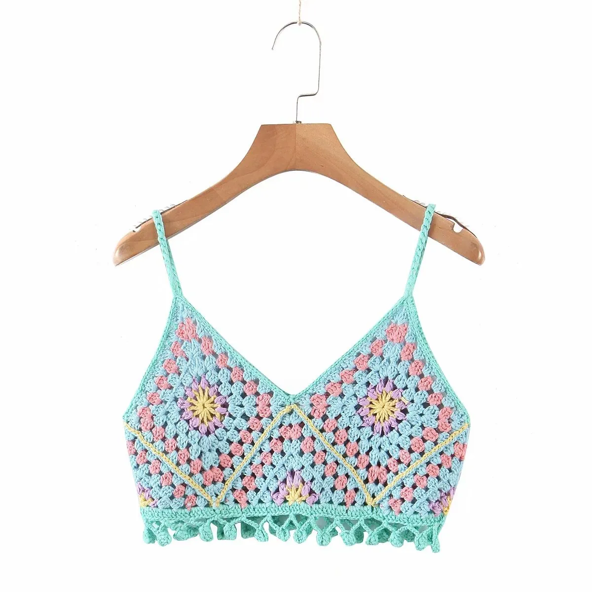 Bohemian Rainbow Crochet Flower Crop Top Rhombus Knitted Pattern Cami Tank