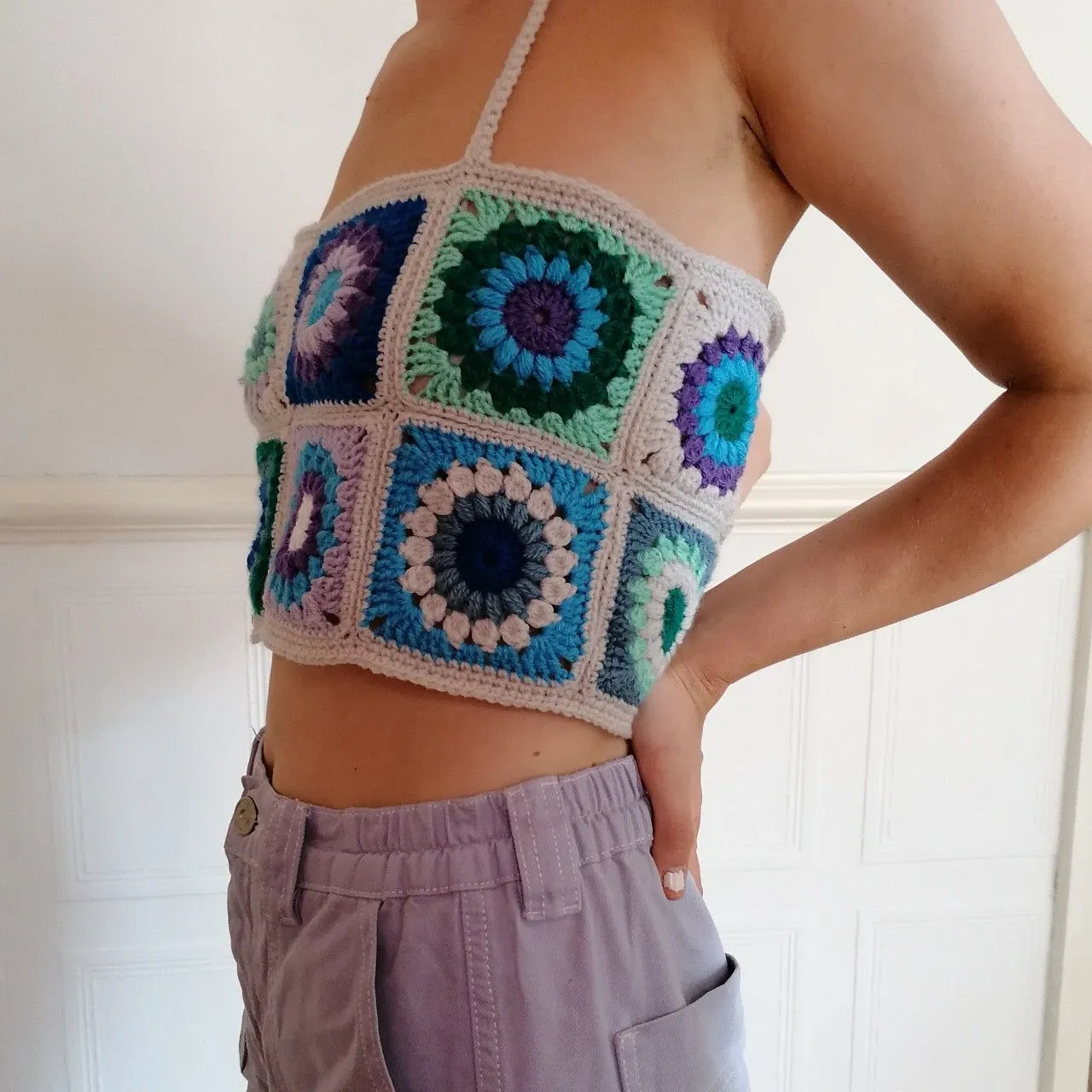 Bohemian Rainbow Crochet Flower Crop Top Rhombus Knitted Pattern Cami Tank