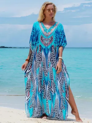 Bohemian Seaside Plus Size Print Kaftan Maxi Dress V Neck Slit Loose Robe Women, Summer Beachwear Swimsuit Cover-ups