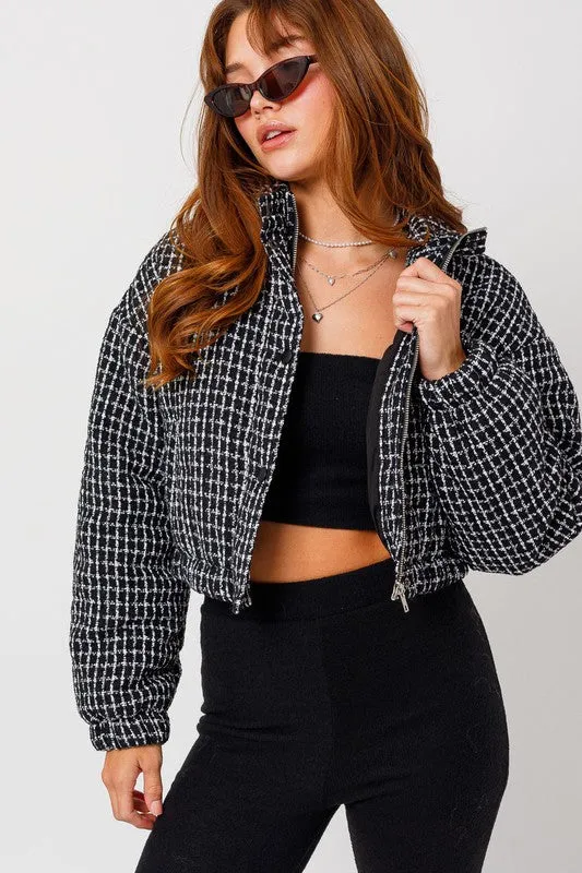 Bohemian Tweed Crop Puffer Jacket